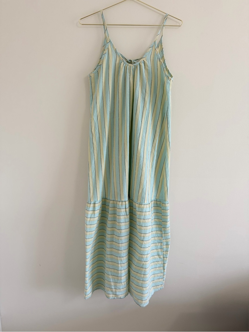 StitchDrop 100% Cotton Blue & Yellow Striped Ruffle Bottom Flowy Midi Dress